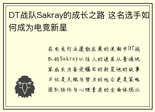 DT战队Sakray的成长之路 这名选手如何成为电竞新星
